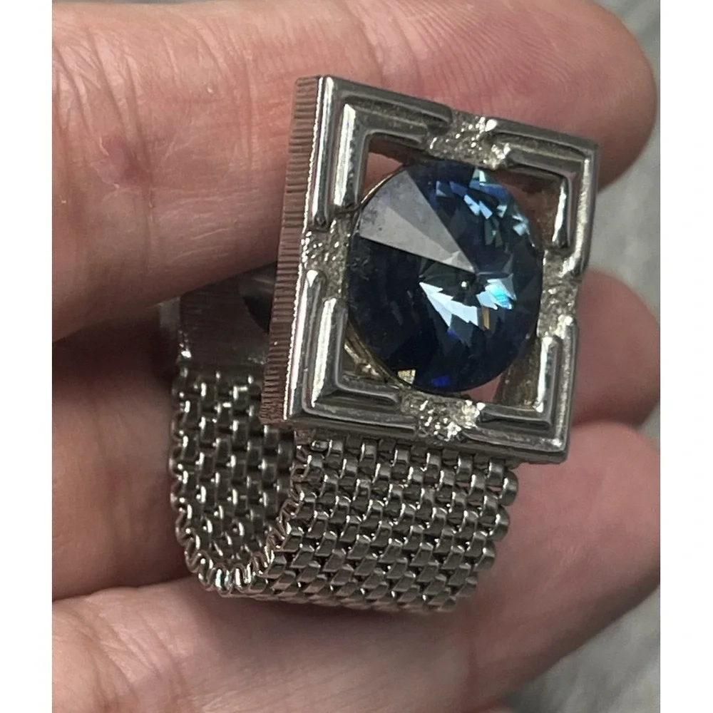 Vintage Men's Cufflinks Silver-Tone Mesh Faceted Blue Stone Square Frame‎
